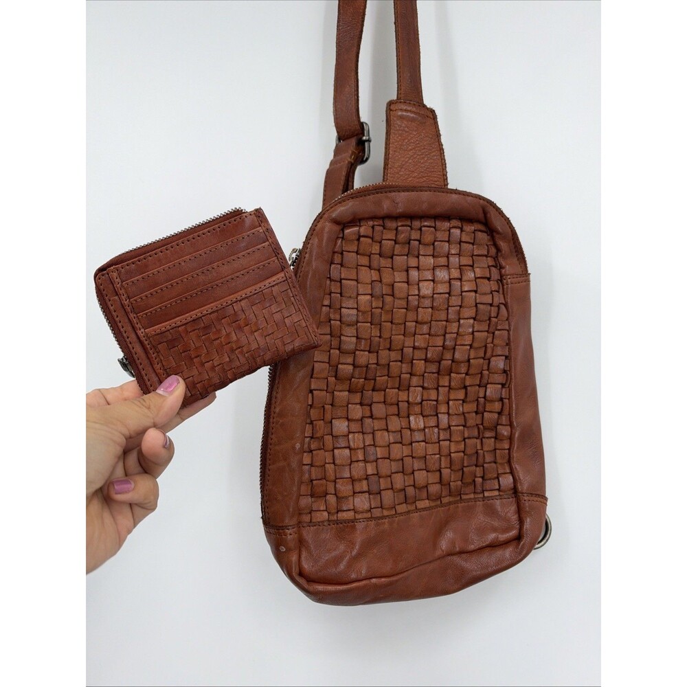 Vilenca Brown Leather Woven Sling Backpack With Matching Card Case